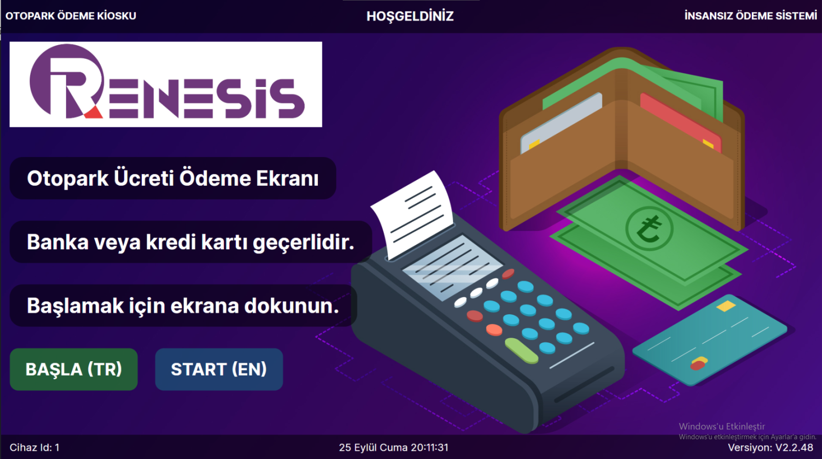 Otopark ödeme kiosku karşılama ekranı