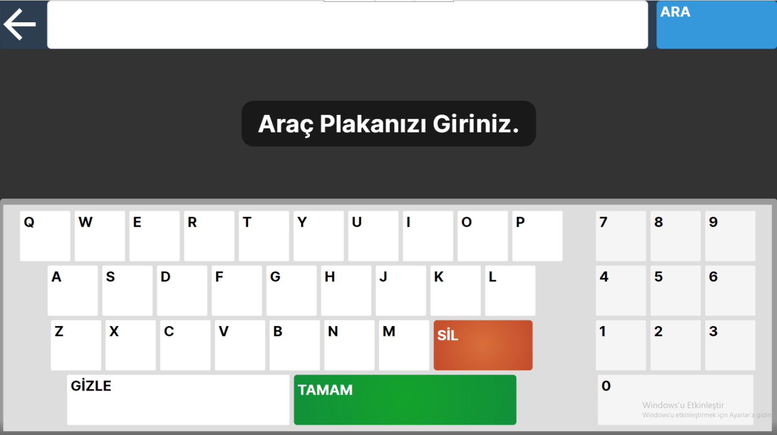 Otopark ödeme kiosku plaka giriş ekranı