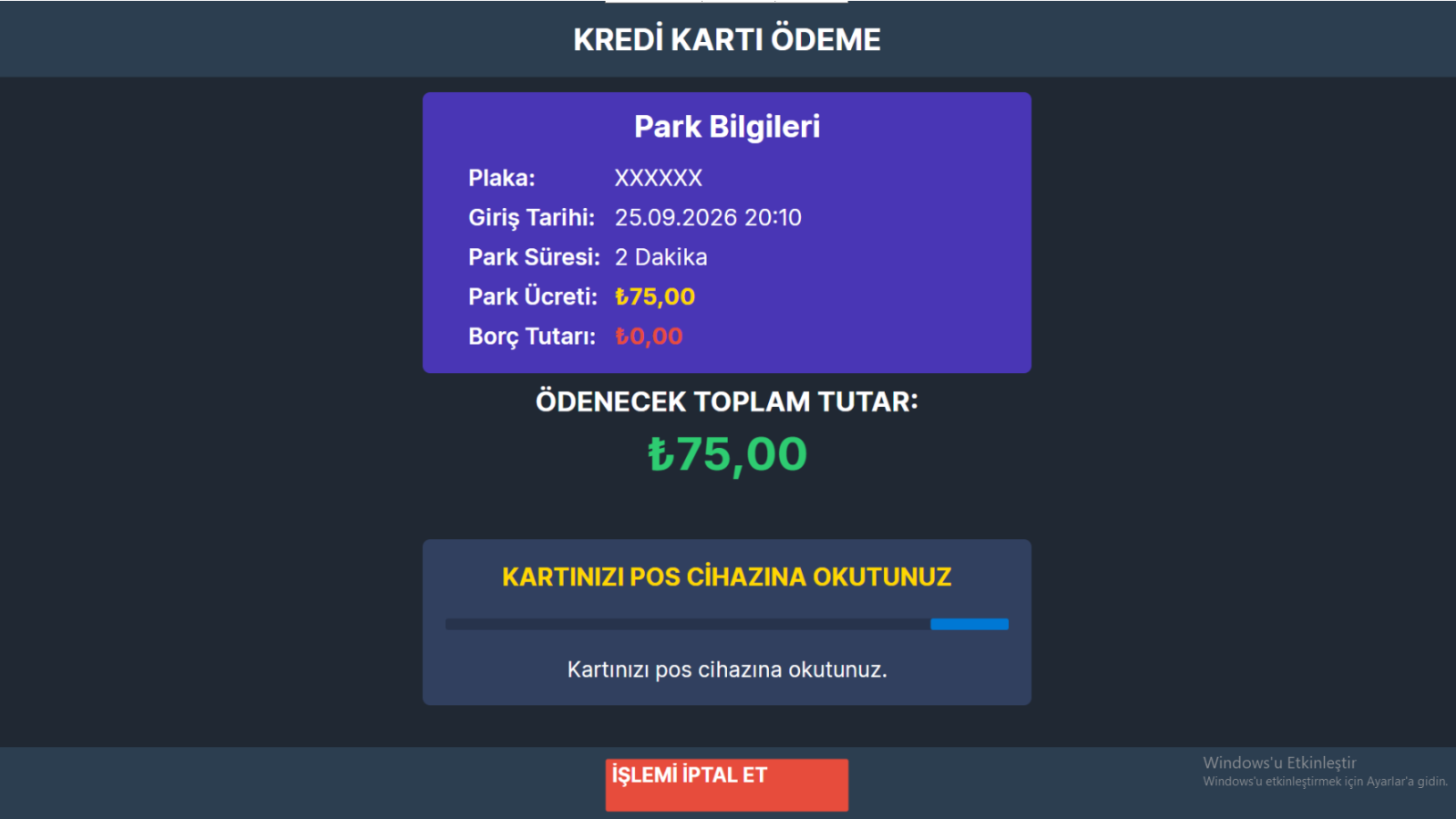 Otopark ödeme kiosku kredi kartı ödeme ekranı